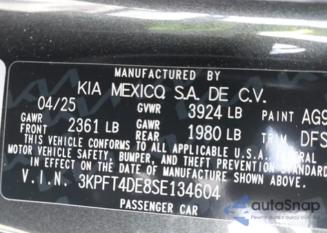 2025 Kia K4 Lxs из США, поврежденный, VIN 3KPFT4DE8SE134604